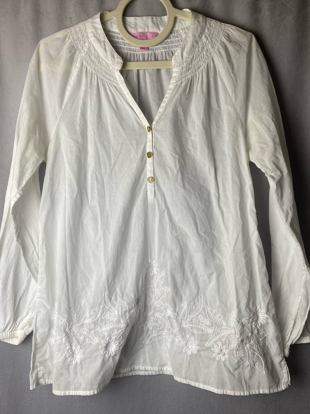 Lilly Pulitzer Boho Cotton Embroidered Vacation White Long-Sleeve Tunic Top S